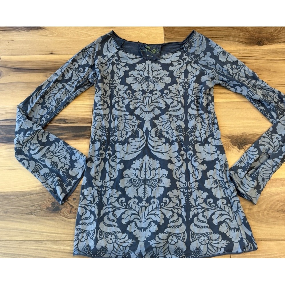 Y2K Green Dragon Freedom Top Women S Blue Grunge Damask Bell Sleeve Made USA